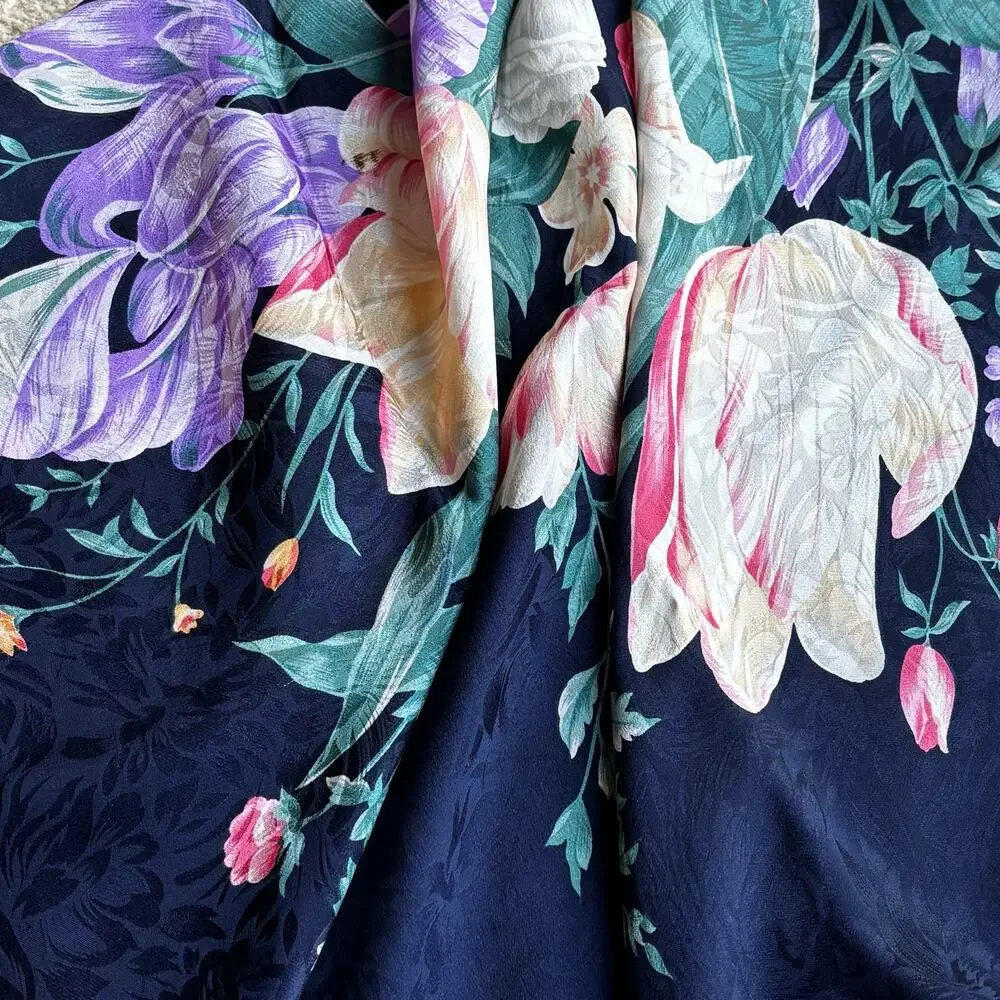 Vintage Ellen Tracy Silk brocade floral scarf blue pink green flowers square